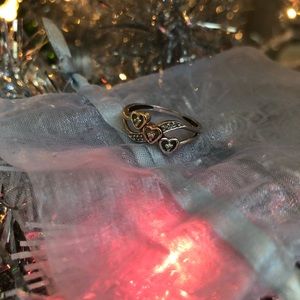 10k White gold triple heart ring with diamonds